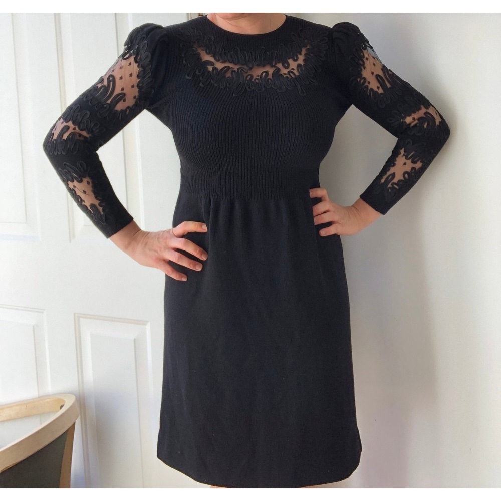 1960 Black Boucle Sweater Dress By Pat Sandler Wellmore cord illusion embroidery